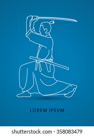 Samurai with katana sword, Aikido action, outline graphic vector.