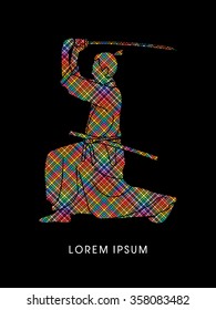 Samurai with katana sword, Aikido action, designed using colorful pixels graphic vector.