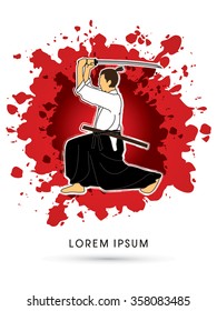 Samurai with katana sword, Aikido action, designed on splash blood background graphic vector.