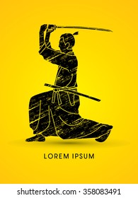 Samurai with katana sword, Aikido action, designed using grunge brush graphic vector.