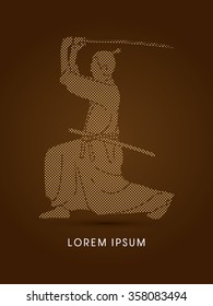 Samurai with katana sword, Aikido action, designed using dot and square pattern graphic vector.