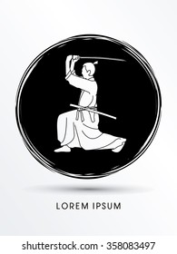 Samurai with katana sword, Aikido action, designed on grunge circle background graphic vector.