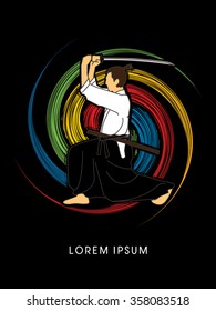 Samurai with katana sword, Aikido action, designed on spin wheel background graphic vector.