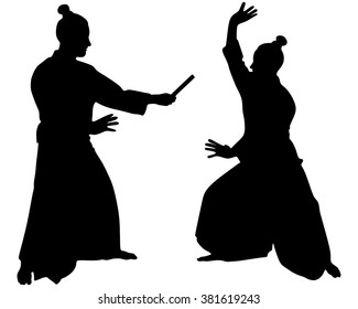 Samurai with katana sword, Aikido action,