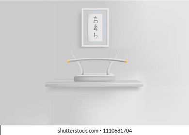 samurai katana sword on Stag Antler Sword Stand with handwriting mean to honor in frame on white wall.