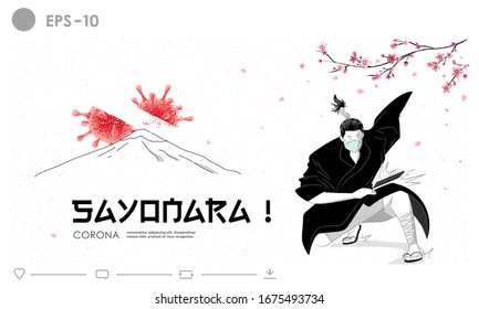 Samurai kill the corona virus outbreak illustration concept. Cherry blossom in japan this spring 2020. Protection from Coronavirus (Covid-19). Fuji Mountain and Sakura flower background.