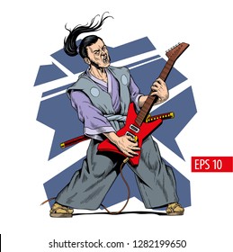 Samurai in kimono playing electric guitar. Vector illustration.