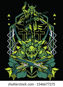 Samurai in kimono playing electric guitar with sacred geometry. Vector illustration. 
