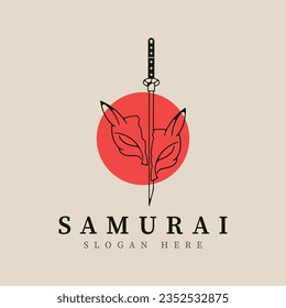 samurai and kitsune mask line art logo vector illustration template design