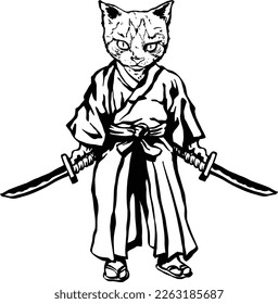 Samurai kitty with two swords funny cat black and white