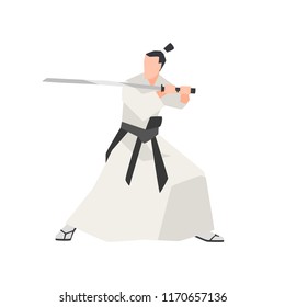 Samurai knight isolated on white background. Fearless ancient Japanese hero wearing kimono, standing in attack pose and holding traditional katana sword. Vector illustration in flat cartoon style.