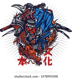 samurai knight oni ninja illustration for merchandise or poster designs