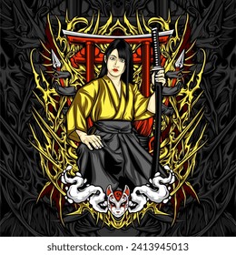 samurai lady illustration for t shirt design