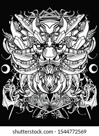 samurai lion cyborg black white with sacred modern geometry background