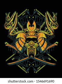 Samurai lion warrior mask. Traditional armor of japanese warrior. Vector illustration, shirt graphic. All elements; mask, helmet, colors are on the separate layers and editable.