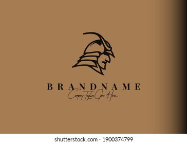 Samurai logo design inspiration. Vector illustration of a samurai head side view. Modern vintage icon design template with line art style.