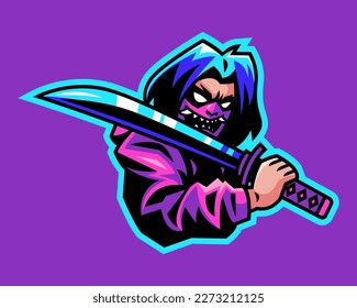 samurai logo mascot with text. perfect for esport, gaming, team. vector illustration.