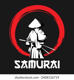 Samurai Logotype Japanese Warrior Swordsmen White Red and Black Detailed Vector