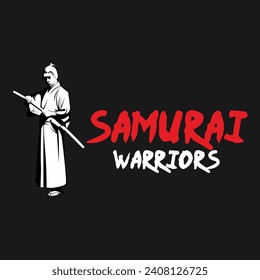 Samurai Logotype Japanese Warrior Swordsmen White Red and Black Detailed Vector