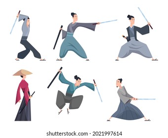 Samurai. Guerreros de asia masculina con espada de varias acciones plantean personajes de caricatura vectorial exactos aislados