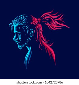 Samurai man hairstyle line pop art portrait colorful logo  design with dark background. Abstract vector illustration.