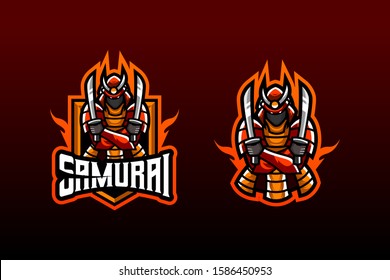 samurai man holding two katana swords facing forward and behind him is fire esport logo suitable for team logo and mascot logo 