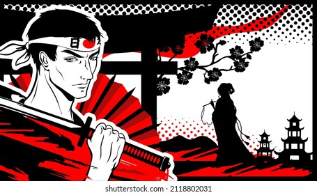 Samurai Man With A Katana And A Girl On The Background Of Pagodas And Sakura Flowers In The Style Of Manga And Anime. Vector Image.