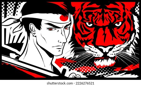 Hombre samurai con katana y tigre al estilo manga y anime. Imagen vectorial.