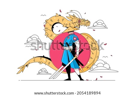 Samurai man with katana vector illustration. Japanese traditional costume on fighter flat style. Golden dragon symbol. Culture and history concept. Isolated on white background