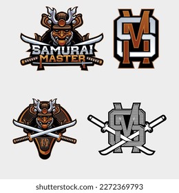 Samurai Mascot Logo Design with Hannya Mask and Katana Swords