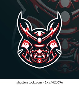 Samurai Maskottlogo-Design-Vektorgrafik mit modernem Illustrationsstil für Abzeichen-, Emblem- und T-Shirt-Druck. Samurai-Kopfgrafik.