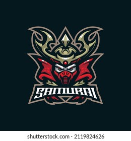 Samurai Maskottlogo-Design-Vektorgrafik mit modernem Illustrationsstil für Abzeichen-, Emblem- und T-Shirt-Druck. Head Samurai Illustration für Sport- und Begleitteam.