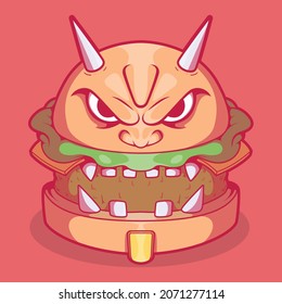 Ilustración vectorial de la hamburguesa de mascarilla de Samurai. Comida, concepto de diseño divertido.
