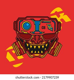 Samurai mask cyberpunk vector logo fiction colorful design with dark background. 