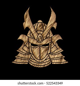Samurai mask designed using golden grunge brush graphic vector.