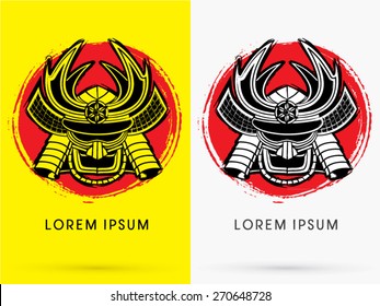 Samurai mask, Head, Face , designed using grunge brush on red cycle background, logo, symbol, icon, graphic, vector.