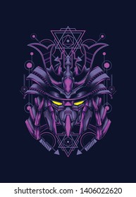 samurai mask head with sacred geometry pattern