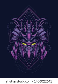 samurai mask head with sacred geometry pattern