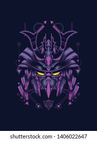 samurai mask head with sacred geometry pattern