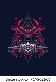 samurai mask head with sacred geometry pattern