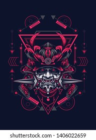 samurai mask head with sacred geometry pattern