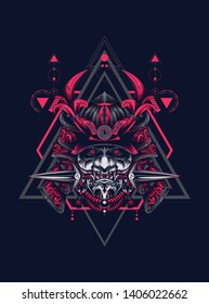 samurai mask head with sacred geometry pattern