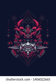 samurai mask head with sacred geometry pattern