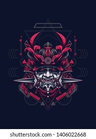 samurai mask head with sacred geometry pattern