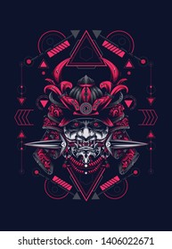 samurai mask head with sacred geometry pattern