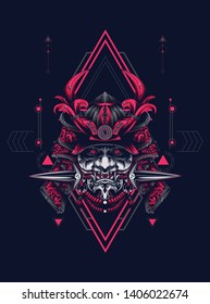 samurai mask head with sacred geometry pattern