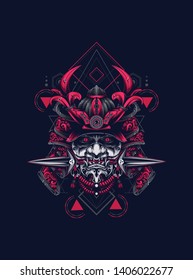 samurai mask head with sacred geometry pattern