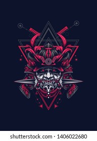 samurai mask head with sacred geometry pattern