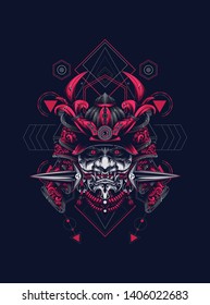 samurai mask head with sacred geometry pattern