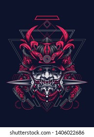samurai mask head with sacred geometry pattern